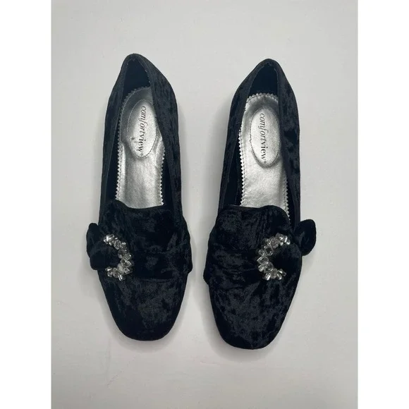 ComfortView 7.5 Black Crushed Velvet & Rhinestone Loafers - Picture 4 of 7